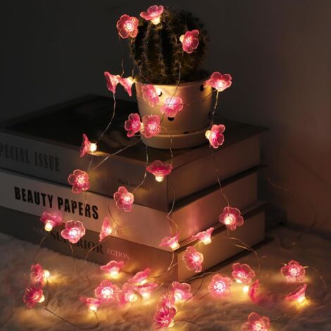 long LED string lights with cherry blossom motif, 40 LEDs, battery-operated string lights with timer function, pink string lights for indoor use, weddings (1/5)