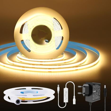 warm white COB LED strip, dimmable (2700 K), color rendering index (CRI) 92+, high density, 8 mm width, suitable for furniture, ceilings, televisions, kitchen, living room and DIY projects.