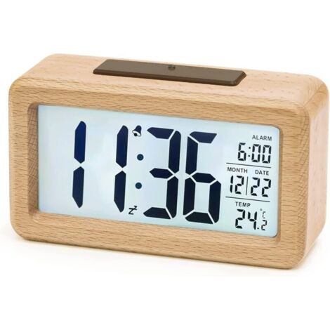 Wooden Digital Alarm Clock, LCD Digital Clock without Ticking, with Date and Temperature Display, Snooze Function, Battery Powered Digital Clock [3 AAA Batteries Required] (1/5)