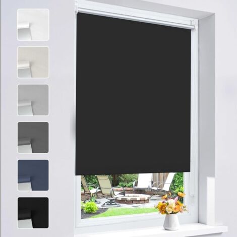 Blackout Roller Blind, No Drilling Required, Easy Installation, 100% Opaque, Thermal and Solar Protection for Windows and Doors, 85W x 230L cm, Black