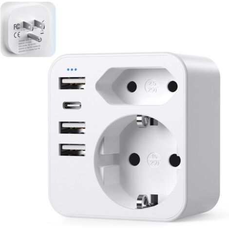 6-in-1 France to USA Plug Adapter, USA, Canada, American Plug Adapter with 3 USB ports and 1 Type C (3.4A) and 2 Plugs, Mexico Thailand Type B (White) (1/5)