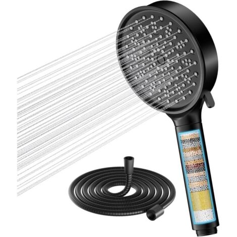 Anti-limescale shower head filter with 20-stage filtration and 1.5M hose, 6 spray patterns, high-pressure water-saving shower head (Black) (1/5)