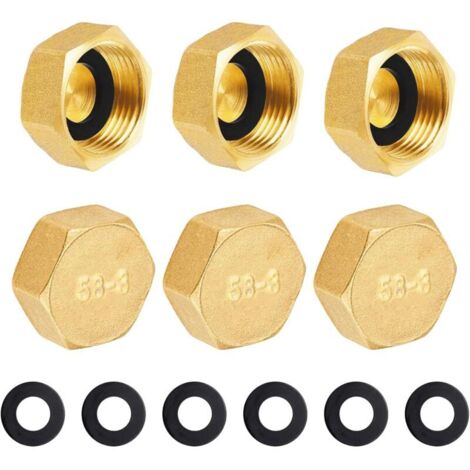 G3/8" (Ø15.3mm) Female Brass Plug, 6 Pieces, G3/8 Pipe Cap, Hexagonal Brass Cap, Threaded Fitting Pipe Cap for Garden Water Pipe (1/5)
