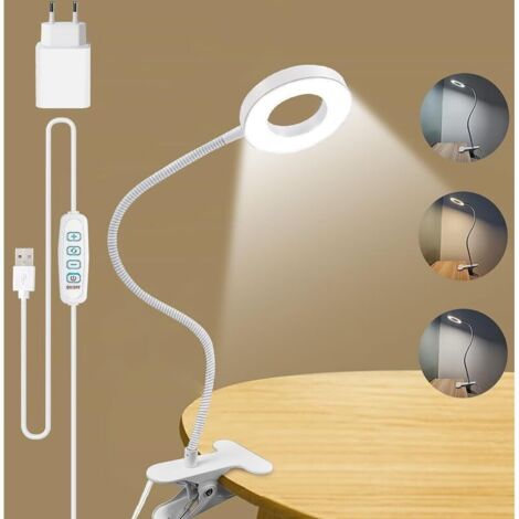 Desk Lamp, 3 Lighting Modes & 10 Dimmable Levels, Clip-on Reading Lamp for Reading and Working, with USB Charger, 360-Degree Rotating Light Arm (1/5)