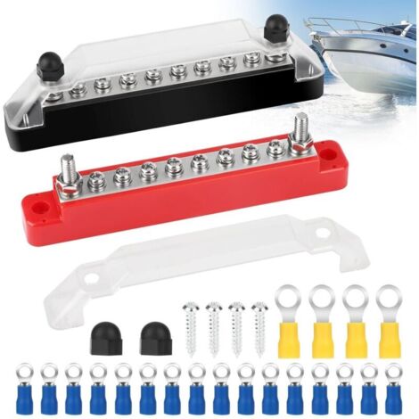 12V Busbar Terminal Blocks, Covered Power Supply Mass Distribution Block with M6 Terminal Studs and M4 Terminal Screws for Car, Boat, Caravan, Motorhome, Red and Black (1/5)