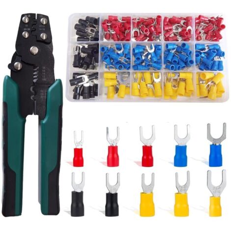 225 Pieces Fork Lugs, 0.5-6 mm² Insulated PVC Crimp Lug Electrical Connector, 15 Types with Box, Includes a Multifunctional Crimping Tool, for Electricians (1/5)