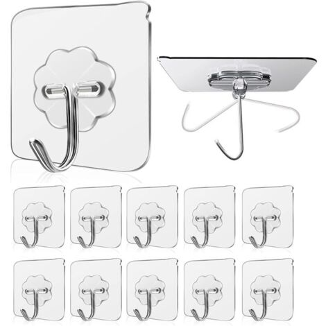 Adhesive Hook 15kg (Max) Transparent Self-Adhesive Wall Hook Towel Rack for Hanging in Bathroom, Kitchen, Ceiling, Door, Bathrobes (10 Pieces) (1/5)