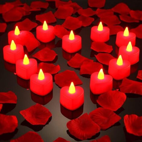 12 Pieces LED Tealight Candles Heart Shape LED Love Candles with 200 Silk Rose Petals Fake Scatter Petals for Valentine's Day (Red Light, Red Petal) (1/5)