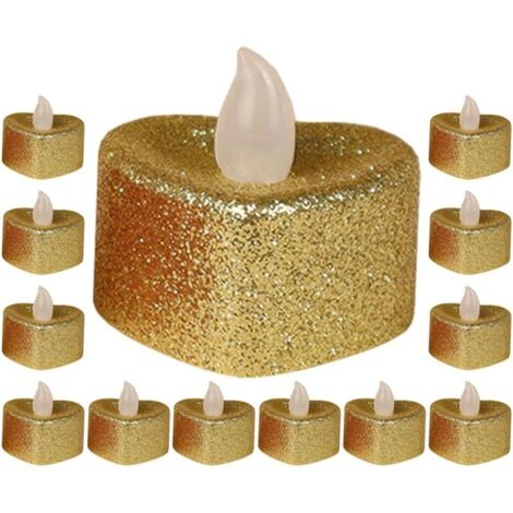 Set of 24 Heart-Shaped Flameless LED Tealight Candles, Small Gold Glitter Tealights, Electronic Candle Lamp for Romantic Home and Event Decoration (1/5)