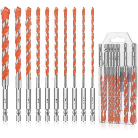 Hexagonal Carbide Concrete Drill Bits, Set of 10 Masonry Drill Bits for Concrete, Tile, Brick, Ceramic, Glass, 4mm-12mm (1/5)