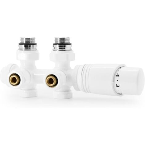 White Universal Multiblock Kit for Radiators, Central Connection with 50mm, Thermostatic Valves for Radiators and Heating