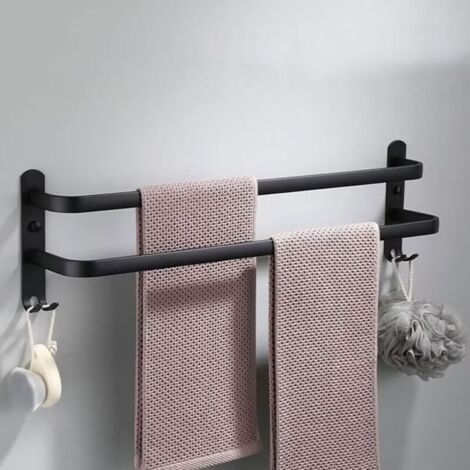 Wall-Mounted Towel Rack with 2 Hooks, Bathroom Towel Holder, Aluminum Towel Shelves for Bathroom and Kitchen, Black, 2-Tier, 40cm (1/5)