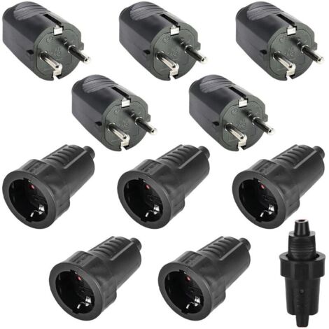 Pack of 5 pairs of Schuko plugs: 250 V 16 A IP54 - Rubber - With protective contact - 2 pins - Waterproof exterior - Black - Schuko plug and rubber connector without cable (1/5)