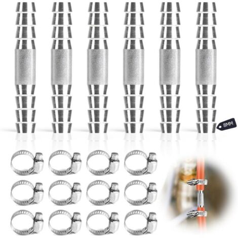 6-Piece Set of 8mm I-Shaped Hose Fittings, Pneumatic Hose Connectors, SUS 304 Stainless Steel I-Shaped Hose Fittings, 2-Way Hose Connectors with 12 Clamps for Gas and Water (1/5)