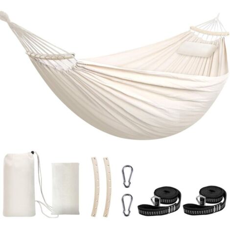 Cotton Hammock Large Soft Breathable Camping Hammock Can Support up to 300KG Portable Tree Hammock with Detachable Spreader Bar, Pillow, 2 Sturdy Straps, 2 Carabiners (1/5)