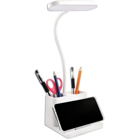 5W LED Desk Lamp, 3 Lighting Modes and 3 Adjustable Brightness Levels, USB Rechargeable Children's Desk Lamp, Flexible Gooseneck, with Pen Holder and Mobile Phone Stand, White