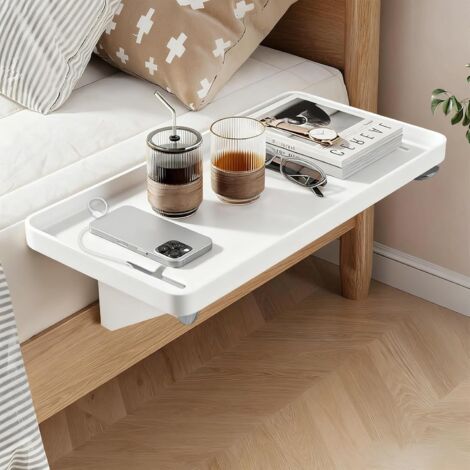 Bedside shelf: Hanging bed shelf, foldable clip-on, bedroom tray organizer, bed tray with cable guide, White, 32 x 23.3 x 5.3 cm (1/5)