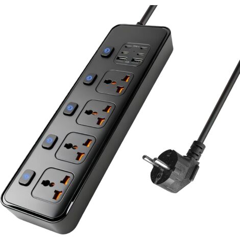 Universal Power Strip with Switch, EU Plug Adapter, 4 Outlets, 4 USB-C Ports, 2 USB Ports, Individual Switch, 3000W, 1.8m Extension Cord, Protected Power Strip (1/5)