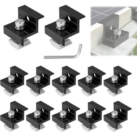 12-Piece Solar Panel Mounting Kit (30-42mm), Z-Shaped Central Clamps for Balconies, Aluminum Solar Panel Mounting Brackets for Rails, PV Modules, Roof Clamps, Black (1/5)