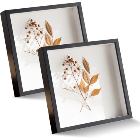 Set of 2 3D photo frames to fill - 23 x 23 cm - Deep wood - Up to 3 cm deep - Deep frame for objects, flowers, living room and office - Black (1/5)