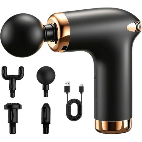Massage gun, percussion muscle massager, silent electric massage gun, 6 speeds + 4 massage heads, for shoulder, body and back relaxation (Black) (1/5)