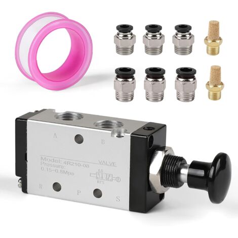 1/4" 5-Way 2-Position Pneumatic Manual Lever Valve, Pneumatic Solenoid Valve with 6mm/8mm Connector and Silencer, Push-Pull Manual Control Pneumatic Valve for Compressed Air (1/5)