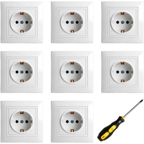Pack of 8 recessed sockets 220V250V 16A with enhanced contact protection, 1 protective contact compartment - 82mm wall socket for living room, kitchen, office (white)