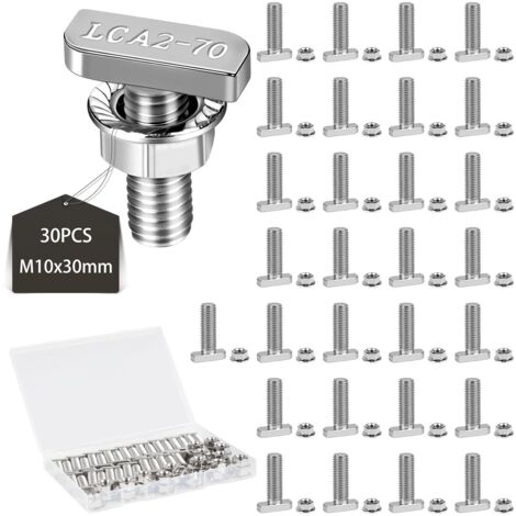 30 Pcs M10x30 T-Head Bolts Hammer Head Screws with Plastic Box Stainless Steel Greenhouse Screws with Flange Nuts for Greenhouse Aluminum Profiles 10mm Groove Solar Mounting Rail (1/5)