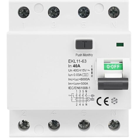 30mA 40A Type A 4P Residual Current Circuit Breaker RCCB AC 400V 4-Pole Electrical Circuit Breakers Residual Current Switch Leakage Protection EKL11-63
