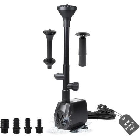 Outdoor Pond Pump, Fountain Pump 2500L/H, Water Pump, Stream Pump, 45W Aquarium Submersible Pump, Outdoor Fountain Pump, Filtration Pump with 4 Nozzles, 5M Cable, 3 Fountain Styles