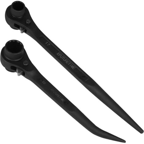 2x Reversible Ratchet Scaffolding Wrench, 17/19mm Straight Handle + 19/22mm Curved Handle, CR-V Scaffolding Ratchet Wrench, Black (1/5)