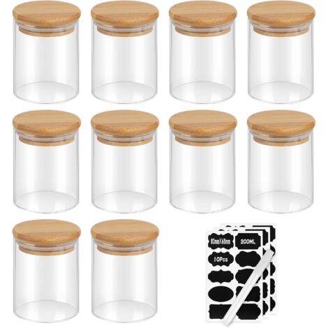 Set of 10 Glass Jars, 200ml, 8.86.56.5cm, Airtight Spice Jars with Bamboo Lids, Kitchen Storage Containers with Labels, Storage Jars for Cereals, Nuts, and Powder (1/5)