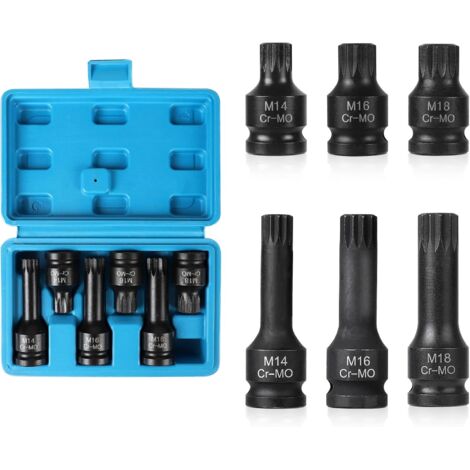 Set of 6 1/2" XZN sockets, M14, M16, M18, Long and Short Impact Socket Set with Case, 12-Point Cr-Mo Bits (1/5)
