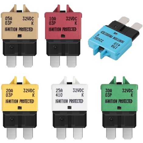6pcs Manual Reset Fuses 32V DC - 5A 10A 15A 20A 25A 30A Car Resettable Fuse Kit for Truck, Boat, Camper, Trailer, RV (1/5)