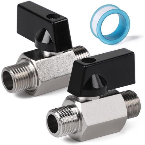 x Mini Ball Valves 1/4" Male x 1/4" Male, Nickel-Plated Brass Ball Valve with Teflon Tape (1/5)