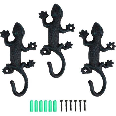 3-Piece Lizard Wall-Mounted Coat Rack, Vintage Wall Hooks with Screws, Rustic Coat Hook for Hanging Clothes, Keys, Hats, and Bags, Black-Green (1/5)