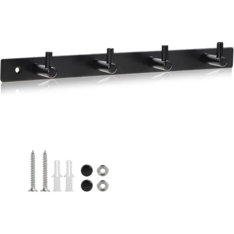 Wall-mounted coat rack with 4 hooks - Stainless steel - With screws - For clothes, hats, bags - Black (1/5)