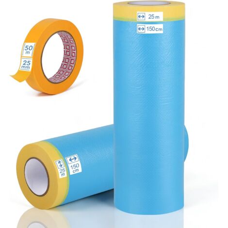 rolls of protective paint drop cloth with adhesive masking tape, 150 cm x 25 m of masking film and 1 roll of masking tape, 25 mm x 50 m (1/5)