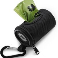 Dog Poop Bag Dispenser, Soft Fabric Puppy Poop Bag, Small Pouch with Zipper and Carabiner, 1 Roll of Dog Poop Bags, Black
