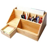 Bamboo desk organizer with drawer, wooden desk organizer, pencil box, table organizer, bamboo pen holder, shelf for office and home office, 24.5 x 15 x