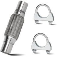 45mm Flexible Exhaust Pipe, 150mm x 250mm Stainless Steel Pipe Fitting with 2 Hose Clamps, Car Exhaust Mounting Parts