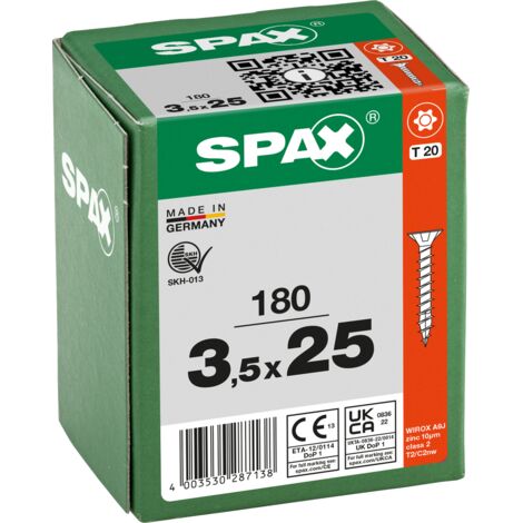 SPAX Vis universelle, 3,5 x 25 mm, 180 pièces, filetage complet, tête fraisée, T-STAR plus T20, 4CUT, WIROX - 8000000287138
