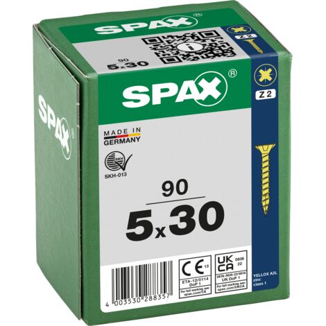 SPAX Vis universelle, 5 x 30 mm, 90 pcs, Tête centrante, Tête fraisée, Cruciforme Z, 4CUT, YELLOX - 8000000288357