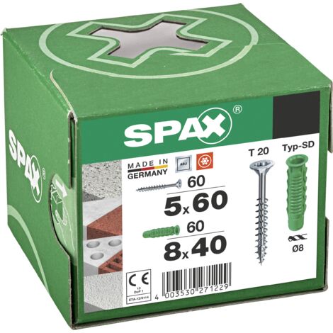Vis SPAX, type SD, 8 x 40 mm + vis universelle SPAX, 5 x 60 mm, tête fraisée, filetage partiel, T-STAR plus T20, WIROX, 60 + 60 pièces - 5000001200025