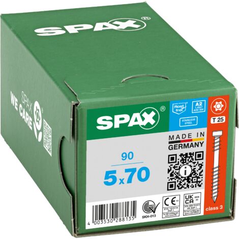 SPAX Vis terrasse, 5 x 70 mm, 90 pièces, Filetage de fixation, Tête cylindrique, T-STAR plus T25, Pointe CUT, Acier inoxydable A2 - 8000000288135