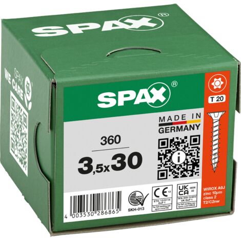 SPAX Vis universelle, 3,5 x 30 mm, 360 pièces, filetage complet, tête fraisée, T-STAR plus T20, 4CUT, WIROX - 8000000286865