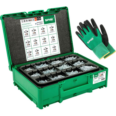SPAX Mallette de montage Systainer³ T-Loc - Jeu de vis comprenant 2 475 vis SPAX de 12 dimensions 5 embouts T20 et des gants de travail
