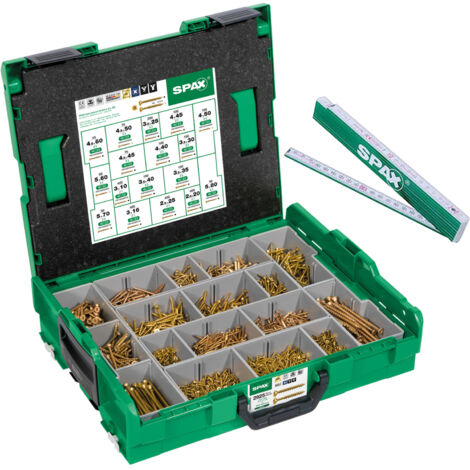Coffret de montage SPAX, L-BOXX, grand modèle, Yellox A2L, cruciforme Z, tête fraisée, 17 dimensions, 2930 pièces, avec 5 embouts SPAX et mètre pliant SPAX