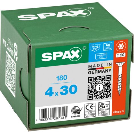 SPAX Vis en acier inoxydable, 4 x 30 mm, 180 pièces, Filetage partiel, Tête fraisée, T-STAR plus T20, 4CUT, Acier inoxydable A2 - 8000000287381