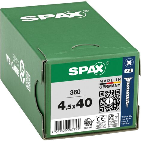 SPAX Vis universelle, 4,5 x 40 mm, 360 pièces, Tête centrante, Tête fraisée, Cruciforme Z2, 4CUT, WIROX - 8000000287794